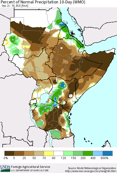 Eastern Africa Percent of Normal Precipitation 10-Day (WMO) Thematic Map For 9/21/2021 - 9/30/2021