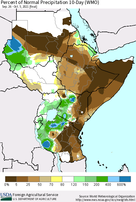 Eastern Africa Percent of Normal Precipitation 10-Day (WMO) Thematic Map For 9/26/2021 - 10/5/2021