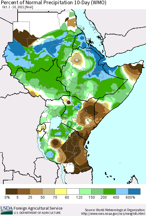 Eastern Africa Percent of Normal Precipitation 10-Day (WMO) Thematic Map For 10/1/2021 - 10/10/2021