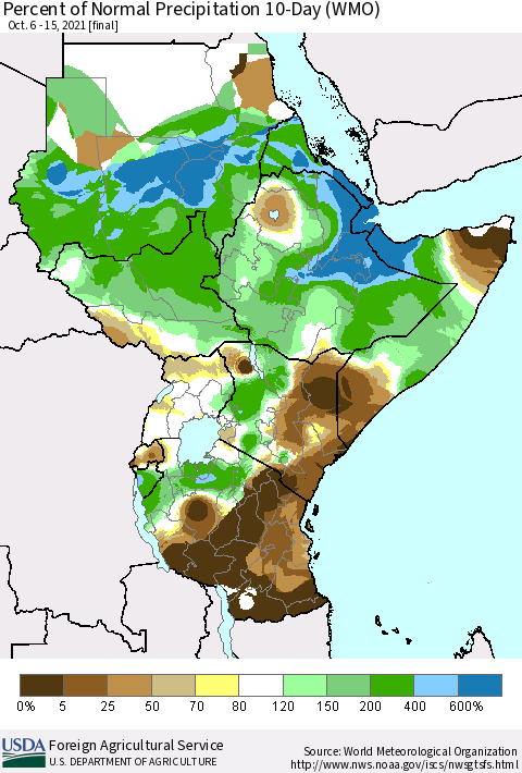 Eastern Africa Percent of Normal Precipitation 10-Day (WMO) Thematic Map For 10/6/2021 - 10/15/2021