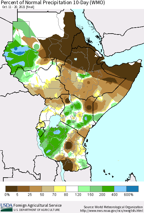 Eastern Africa Percent of Normal Precipitation 10-Day (WMO) Thematic Map For 10/11/2021 - 10/20/2021
