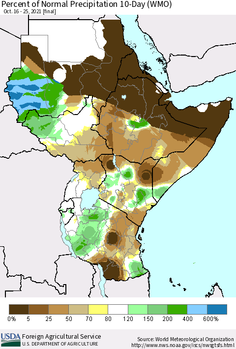 Eastern Africa Percent of Normal Precipitation 10-Day (WMO) Thematic Map For 10/16/2021 - 10/25/2021
