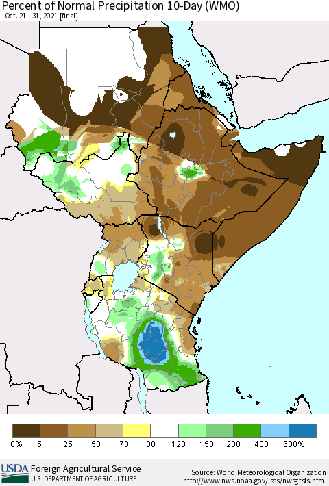 Eastern Africa Percent of Normal Precipitation 10-Day (WMO) Thematic Map For 10/21/2021 - 10/31/2021