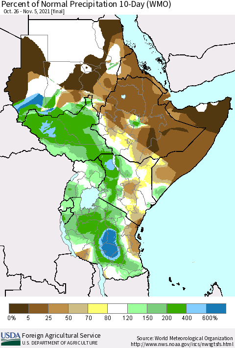 Eastern Africa Percent of Normal Precipitation 10-Day (WMO) Thematic Map For 10/26/2021 - 11/5/2021