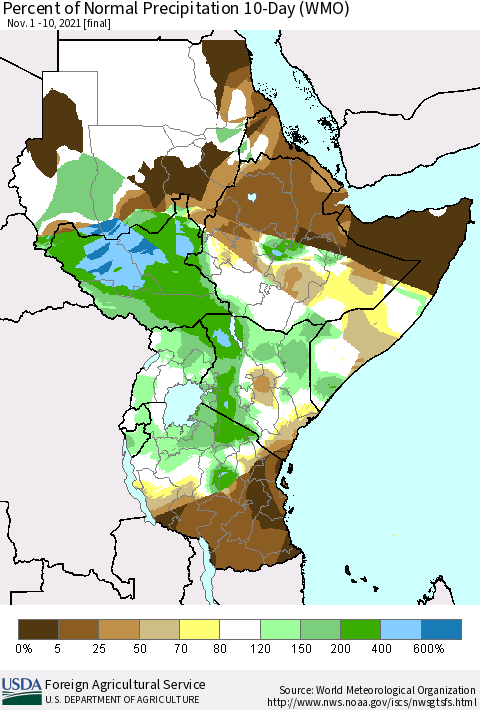 Eastern Africa Percent of Normal Precipitation 10-Day (WMO) Thematic Map For 11/1/2021 - 11/10/2021