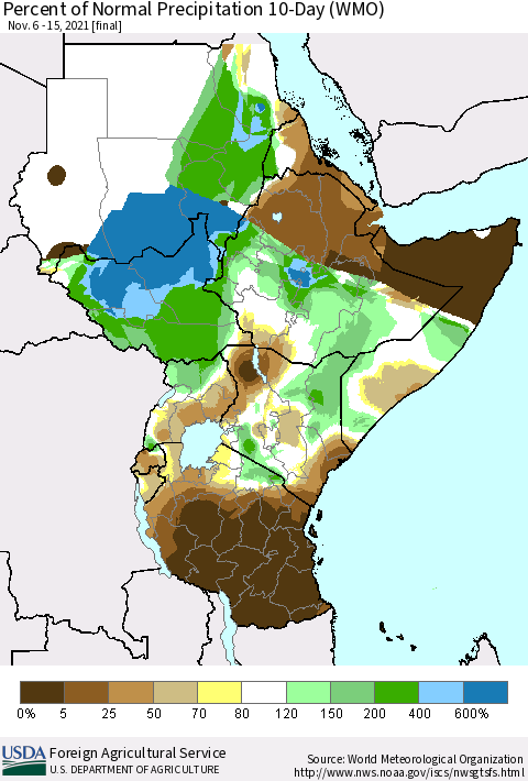 Eastern Africa Percent of Normal Precipitation 10-Day (WMO) Thematic Map For 11/6/2021 - 11/15/2021