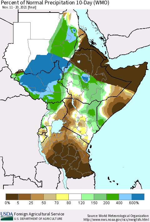 Eastern Africa Percent of Normal Precipitation 10-Day (WMO) Thematic Map For 11/11/2021 - 11/20/2021