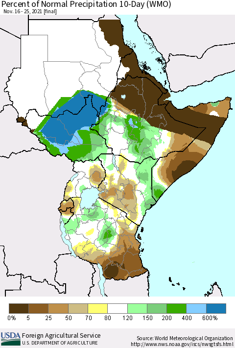 Eastern Africa Percent of Normal Precipitation 10-Day (WMO) Thematic Map For 11/16/2021 - 11/25/2021