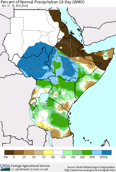 Eastern Africa Percent of Normal Precipitation 10-Day (WMO) Thematic Map For 11/21/2021 - 11/30/2021