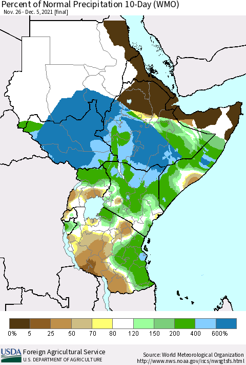 Eastern Africa Percent of Normal Precipitation 10-Day (WMO) Thematic Map For 11/26/2021 - 12/5/2021