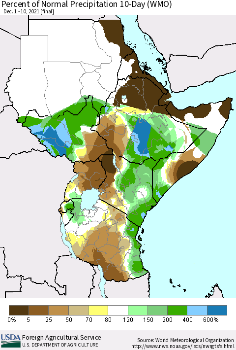 Eastern Africa Percent of Normal Precipitation 10-Day (WMO) Thematic Map For 12/1/2021 - 12/10/2021