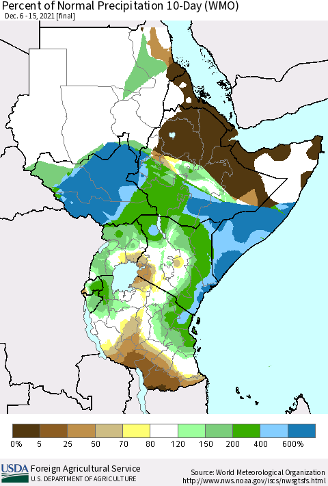 Eastern Africa Percent of Normal Precipitation 10-Day (WMO) Thematic Map For 12/6/2021 - 12/15/2021