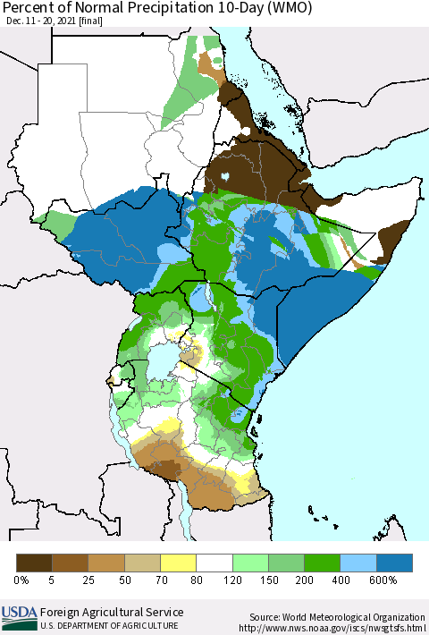 Eastern Africa Percent of Normal Precipitation 10-Day (WMO) Thematic Map For 12/11/2021 - 12/20/2021