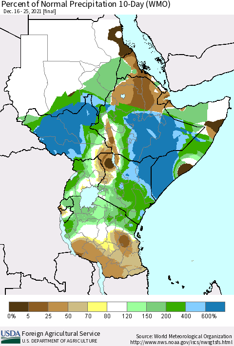Eastern Africa Percent of Normal Precipitation 10-Day (WMO) Thematic Map For 12/16/2021 - 12/25/2021