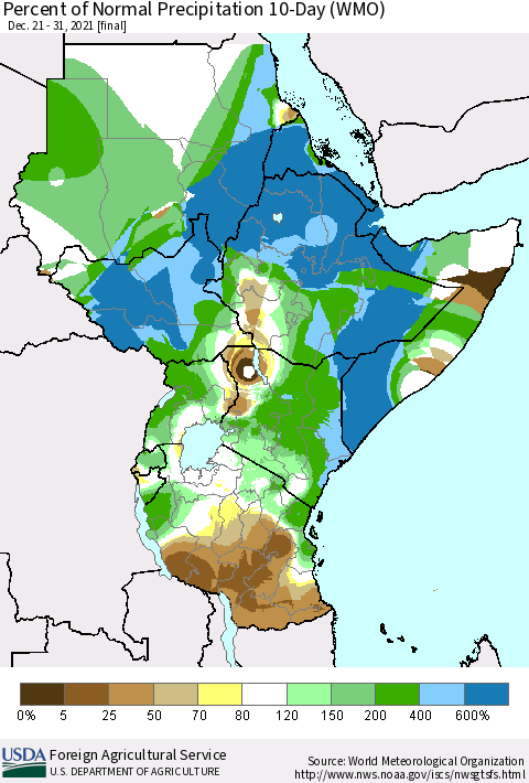 Eastern Africa Percent of Normal Precipitation 10-Day (WMO) Thematic Map For 12/21/2021 - 12/31/2021