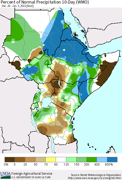 Eastern Africa Percent of Normal Precipitation 10-Day (WMO) Thematic Map For 12/26/2021 - 1/5/2022