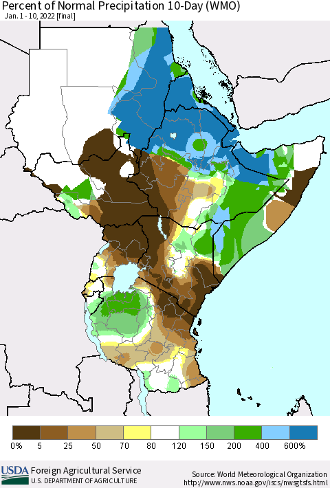 Eastern Africa Percent of Normal Precipitation 10-Day (WMO) Thematic Map For 1/1/2022 - 1/10/2022