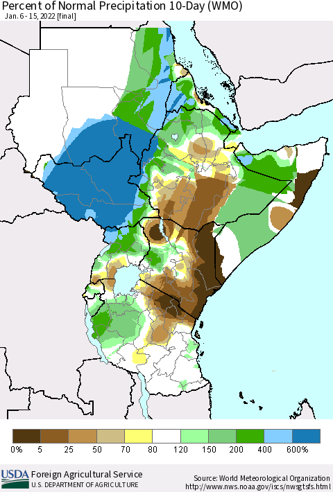 Eastern Africa Percent of Normal Precipitation 10-Day (WMO) Thematic Map For 1/6/2022 - 1/15/2022