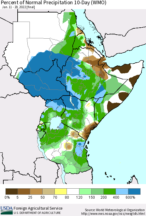 Eastern Africa Percent of Normal Precipitation 10-Day (WMO) Thematic Map For 1/11/2022 - 1/20/2022