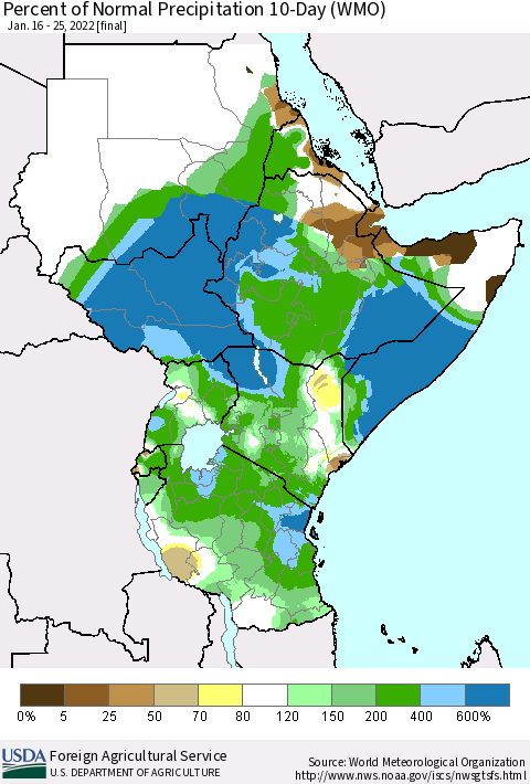 Eastern Africa Percent of Normal Precipitation 10-Day (WMO) Thematic Map For 1/16/2022 - 1/25/2022