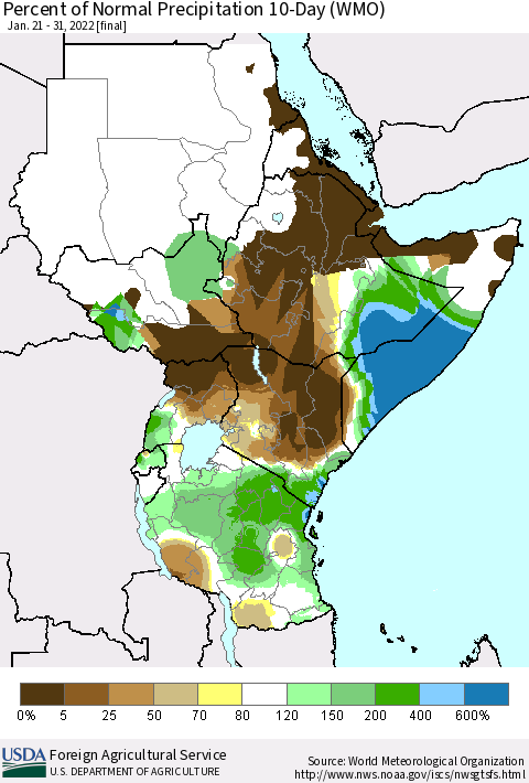 Eastern Africa Percent of Normal Precipitation 10-Day (WMO) Thematic Map For 1/21/2022 - 1/31/2022