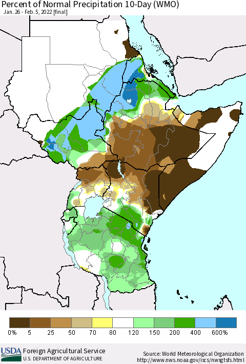 Eastern Africa Percent of Normal Precipitation 10-Day (WMO) Thematic Map For 1/26/2022 - 2/5/2022