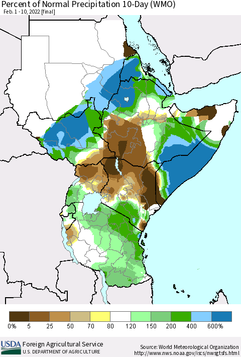 Eastern Africa Percent of Normal Precipitation 10-Day (WMO) Thematic Map For 2/1/2022 - 2/10/2022