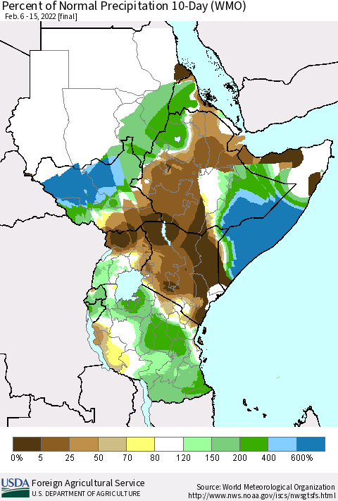 Eastern Africa Percent of Normal Precipitation 10-Day (WMO) Thematic Map For 2/6/2022 - 2/15/2022