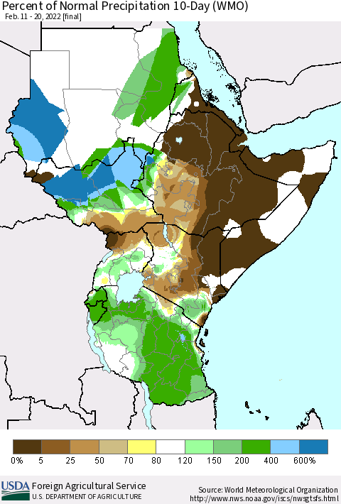 Eastern Africa Percent of Normal Precipitation 10-Day (WMO) Thematic Map For 2/11/2022 - 2/20/2022