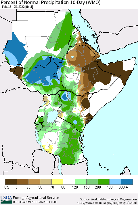 Eastern Africa Percent of Normal Precipitation 10-Day (WMO) Thematic Map For 2/16/2022 - 2/25/2022