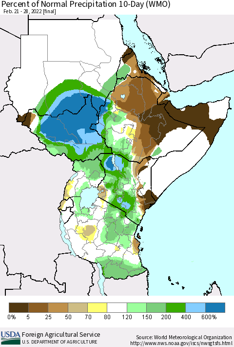 Eastern Africa Percent of Normal Precipitation 10-Day (WMO) Thematic Map For 2/21/2022 - 2/28/2022