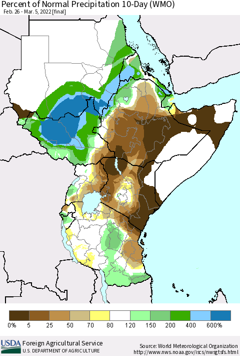 Eastern Africa Percent of Normal Precipitation 10-Day (WMO) Thematic Map For 2/26/2022 - 3/5/2022