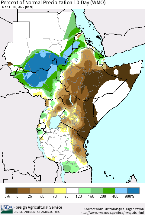Eastern Africa Percent of Normal Precipitation 10-Day (WMO) Thematic Map For 3/1/2022 - 3/10/2022