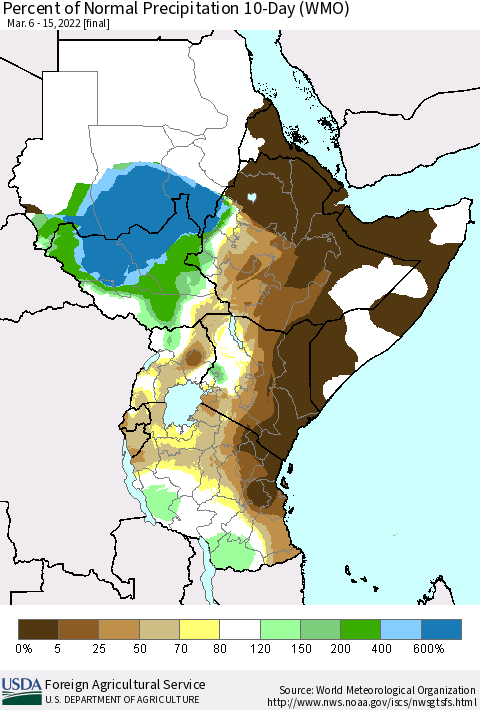 Eastern Africa Percent of Normal Precipitation 10-Day (WMO) Thematic Map For 3/6/2022 - 3/15/2022