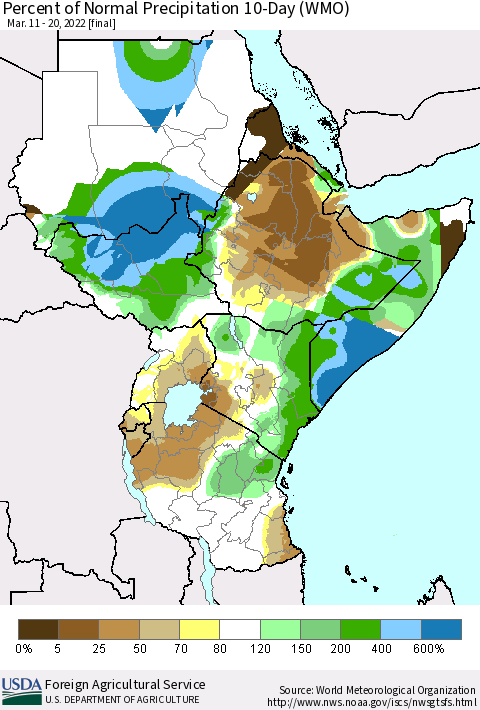 Eastern Africa Percent of Normal Precipitation 10-Day (WMO) Thematic Map For 3/11/2022 - 3/20/2022