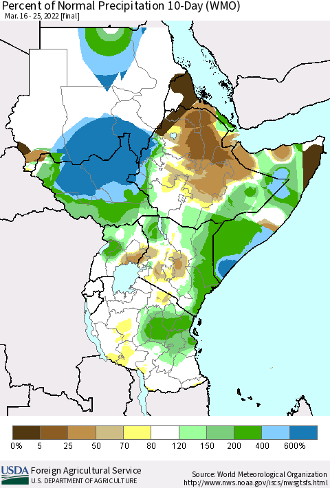 Eastern Africa Percent of Normal Precipitation 10-Day (WMO) Thematic Map For 3/16/2022 - 3/25/2022