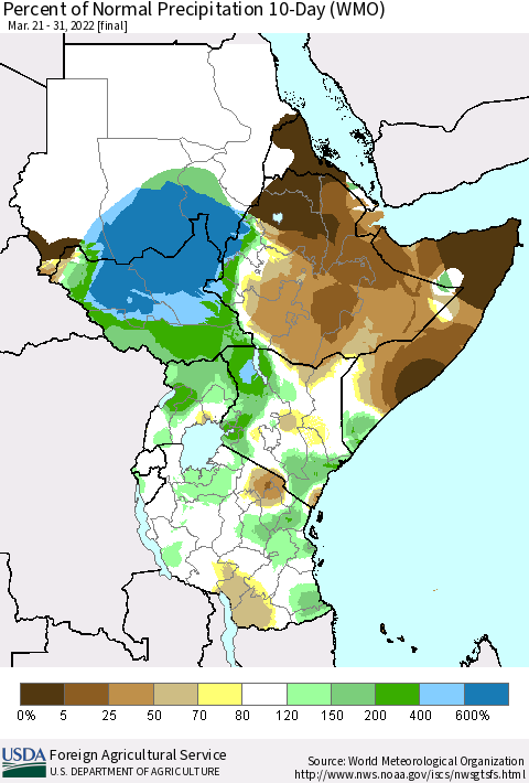 Eastern Africa Percent of Normal Precipitation 10-Day (WMO) Thematic Map For 3/21/2022 - 3/31/2022