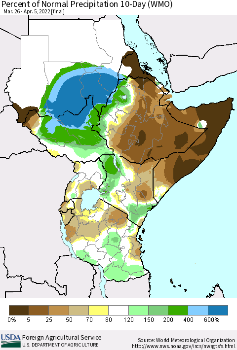 Eastern Africa Percent of Normal Precipitation 10-Day (WMO) Thematic Map For 3/26/2022 - 4/5/2022