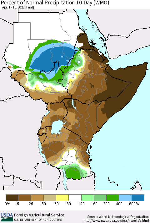 Eastern Africa Percent of Normal Precipitation 10-Day (WMO) Thematic Map For 4/1/2022 - 4/10/2022