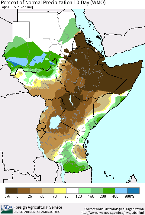 Eastern Africa Percent of Normal Precipitation 10-Day (WMO) Thematic Map For 4/6/2022 - 4/15/2022