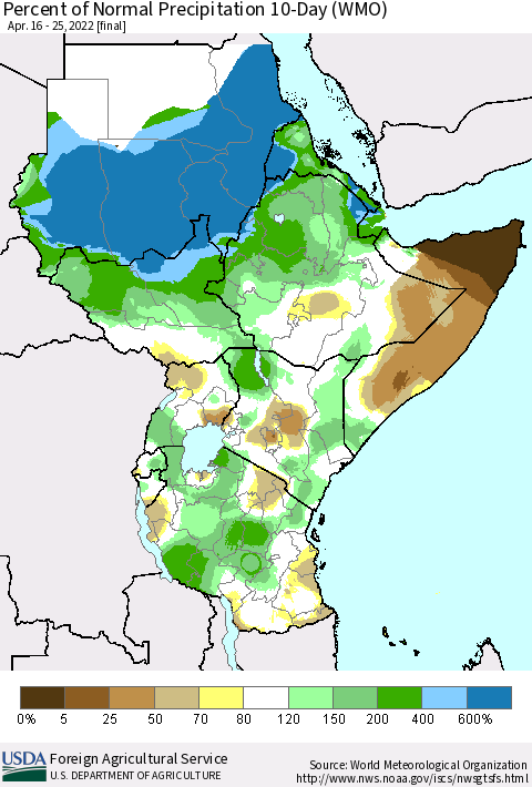 Eastern Africa Percent of Normal Precipitation 10-Day (WMO) Thematic Map For 4/16/2022 - 4/25/2022