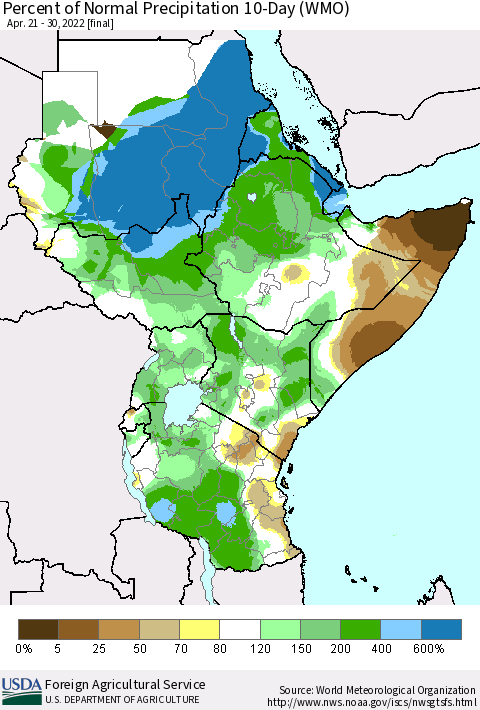 Eastern Africa Percent of Normal Precipitation 10-Day (WMO) Thematic Map For 4/21/2022 - 4/30/2022