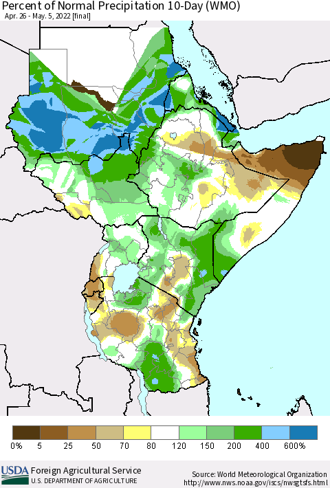 Eastern Africa Percent of Normal Precipitation 10-Day (WMO) Thematic Map For 4/26/2022 - 5/5/2022