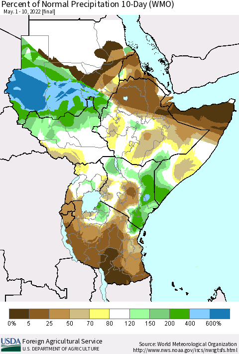 Eastern Africa Percent of Normal Precipitation 10-Day (WMO) Thematic Map For 5/1/2022 - 5/10/2022