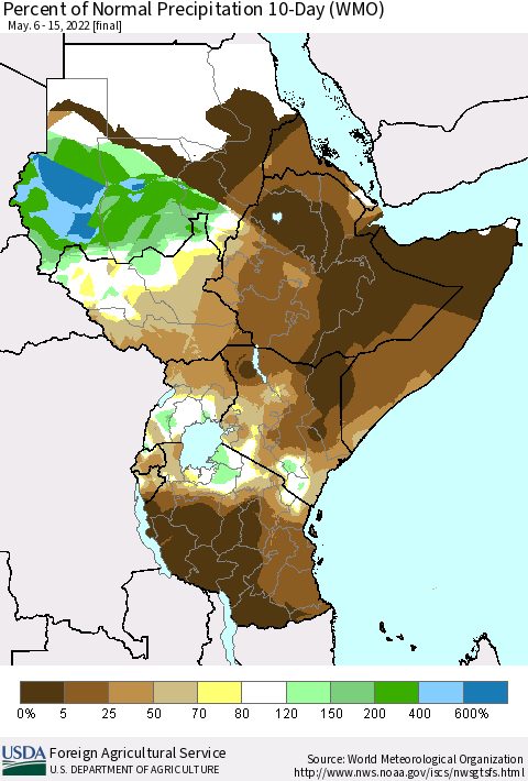 Eastern Africa Percent of Normal Precipitation 10-Day (WMO) Thematic Map For 5/6/2022 - 5/15/2022