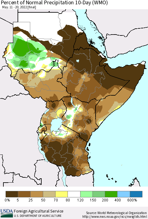 Eastern Africa Percent of Normal Precipitation 10-Day (WMO) Thematic Map For 5/11/2022 - 5/20/2022