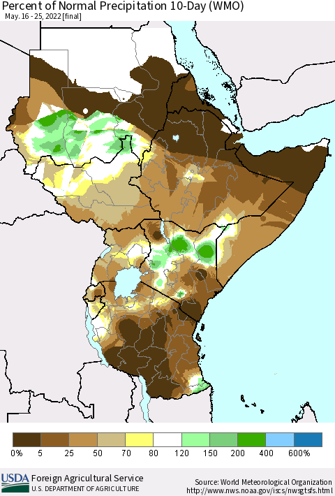 Eastern Africa Percent of Normal Precipitation 10-Day (WMO) Thematic Map For 5/16/2022 - 5/25/2022