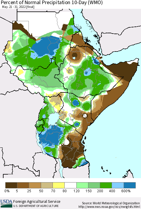 Eastern Africa Percent of Normal Precipitation 10-Day (WMO) Thematic Map For 5/21/2022 - 5/31/2022