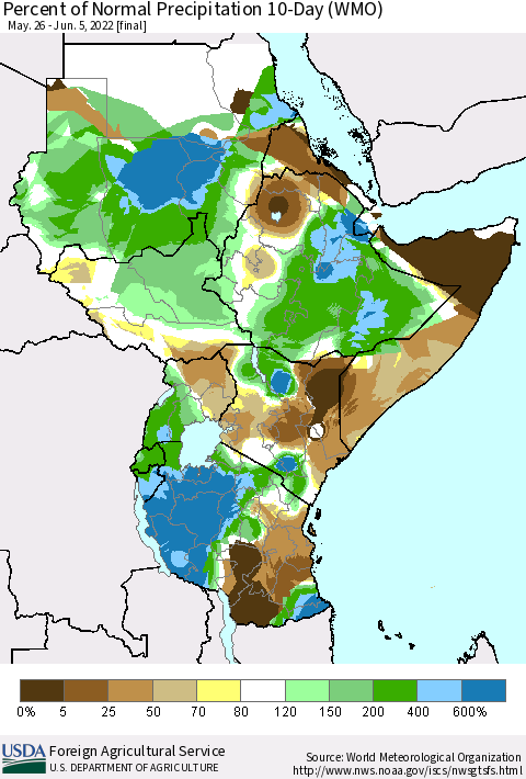 Eastern Africa Percent of Normal Precipitation 10-Day (WMO) Thematic Map For 5/26/2022 - 6/5/2022