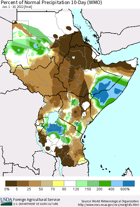 Eastern Africa Percent of Normal Precipitation 10-Day (WMO) Thematic Map For 6/1/2022 - 6/10/2022